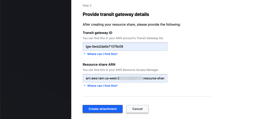 Transit gateway attachment