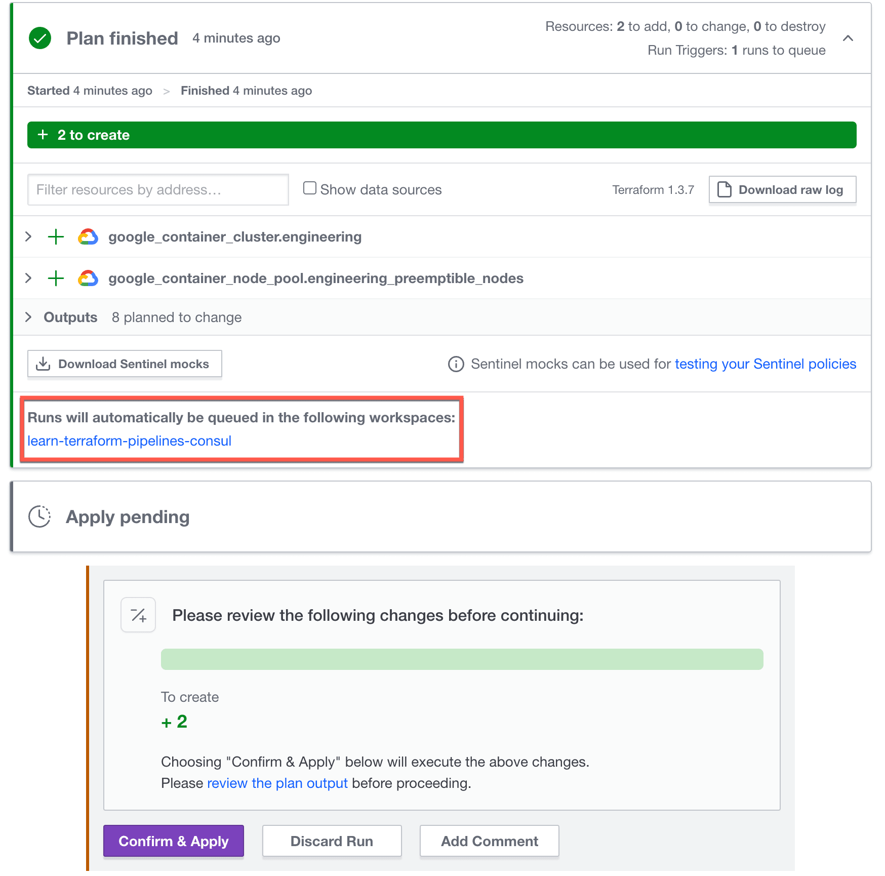 HCP Terraform Kubernetes Workspace queued run. `learn-terraform-pipelines-consul` workspace is listed under the run plan as a run trigger.